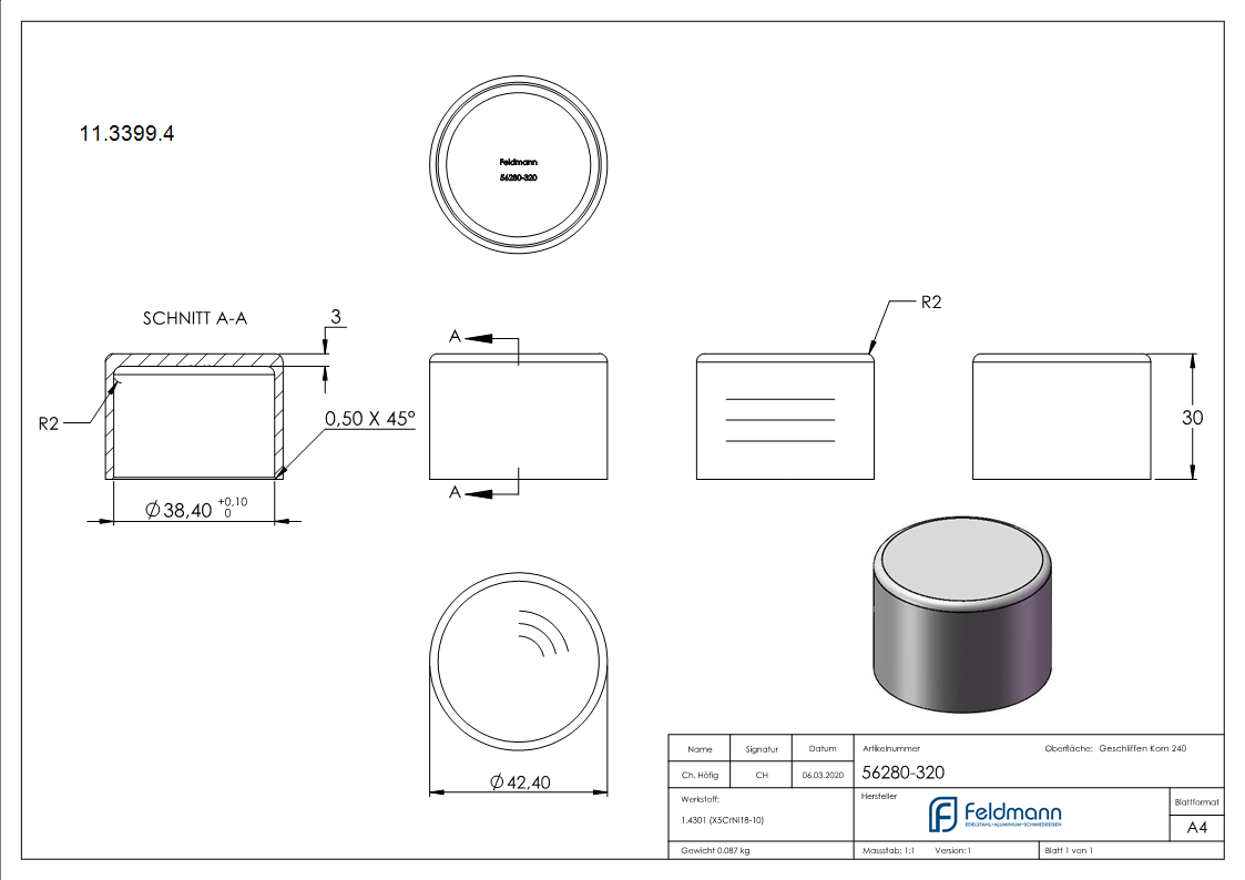 Endkappe V2A fuer Rohr Ø 42-4 x 2-0 mm fuer Stecksystem-11-3399.4