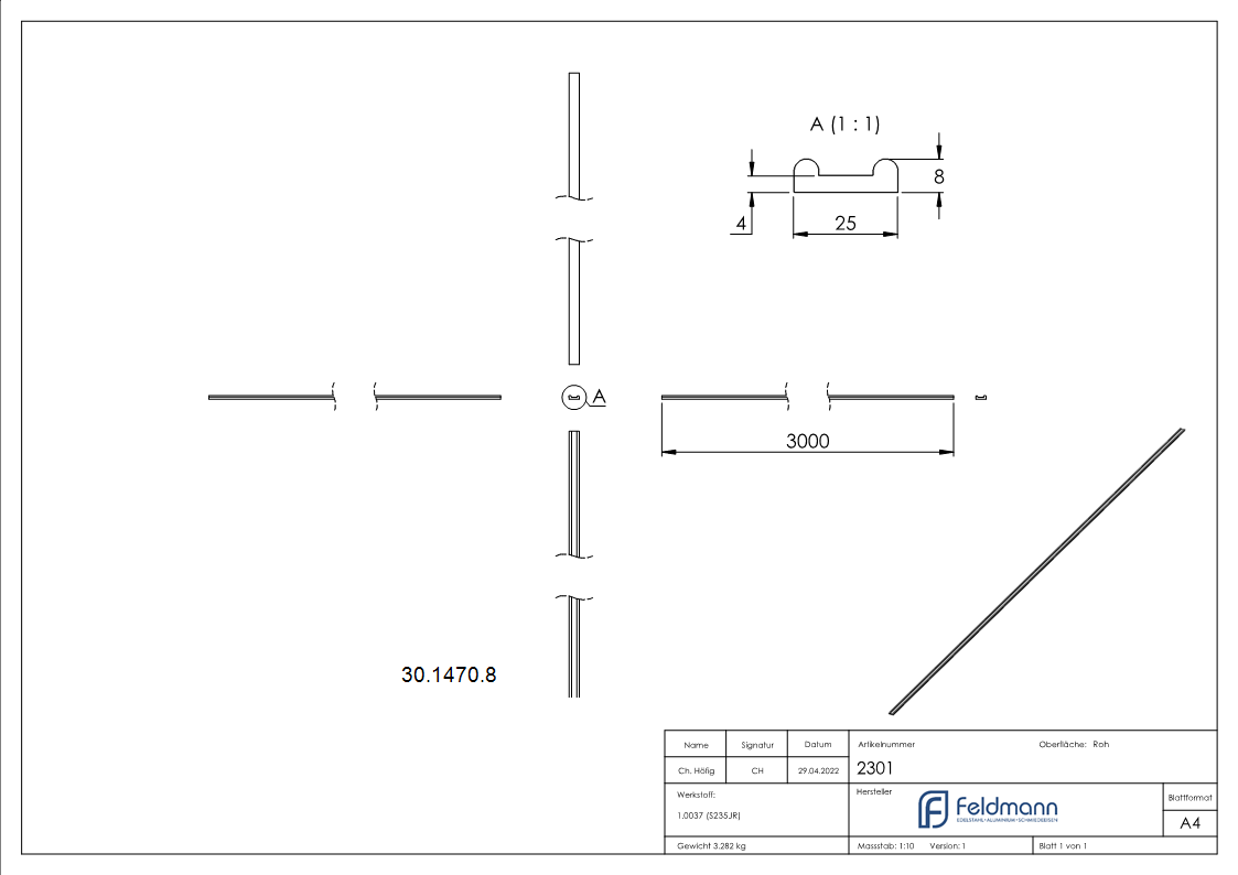 Hespeneisen 25x8x4 mm Profilstahl 3000mm S235JR fuer Tore-30-1470.8