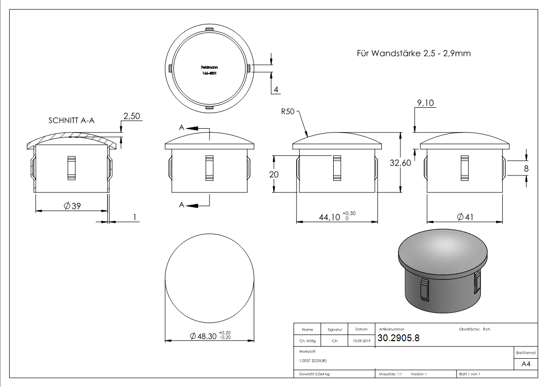 Stahlstopfen - leicht gewoelbt - fuer Ø 48-3x2-5-2-9 mm - Stah S235JR- roh-30-2905.8