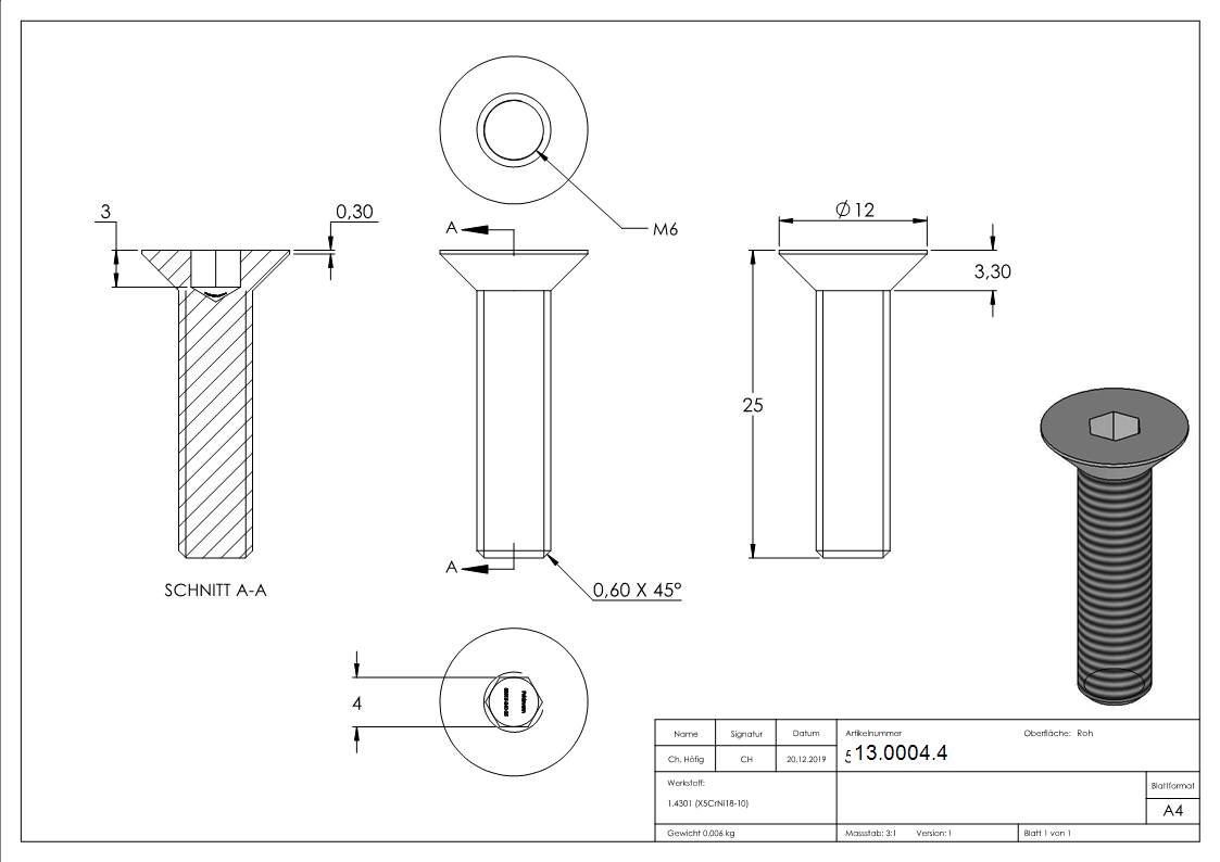 Senkkopfschraube M6x25 mm V2A