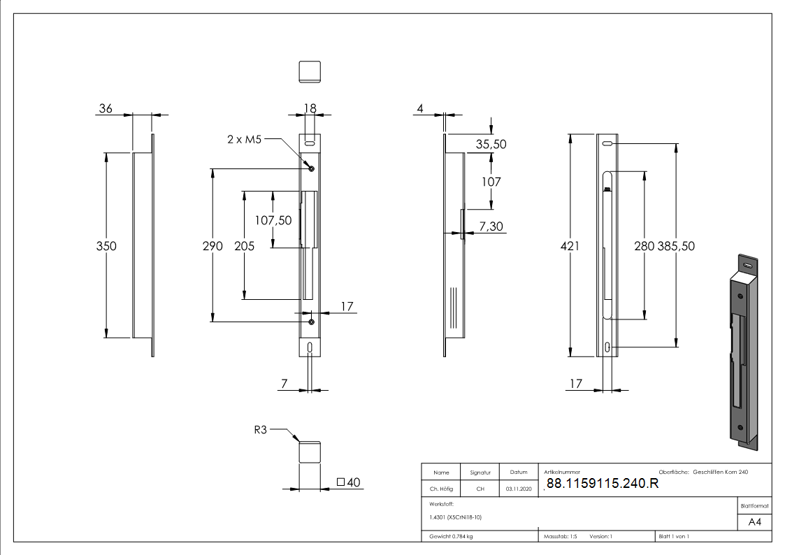 Gegenkasten zum Aufschrauben Edelstahl V2A Abstand 72-92 mm fuer 40 mm DIN Rechts geschliffen-88-1159115-240.R