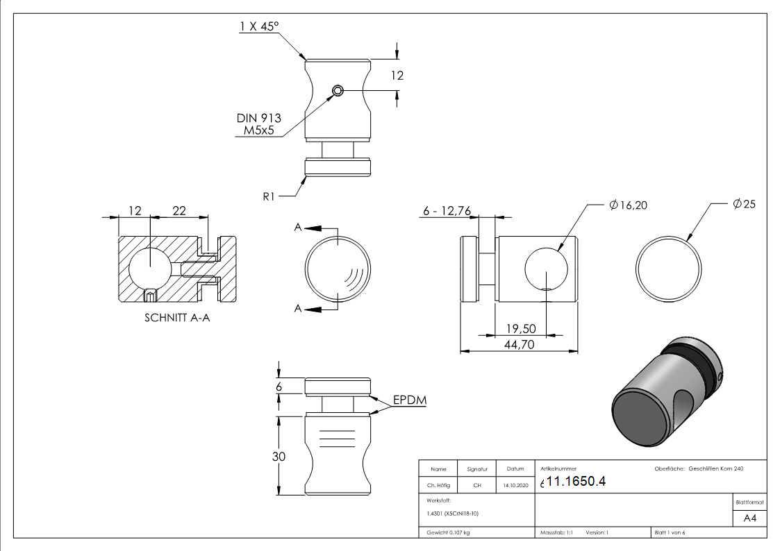 Querstab-Glaspunkthalter Ø 25 fuer Rundstaebe Ø 16 mm V2A-11-1650.4