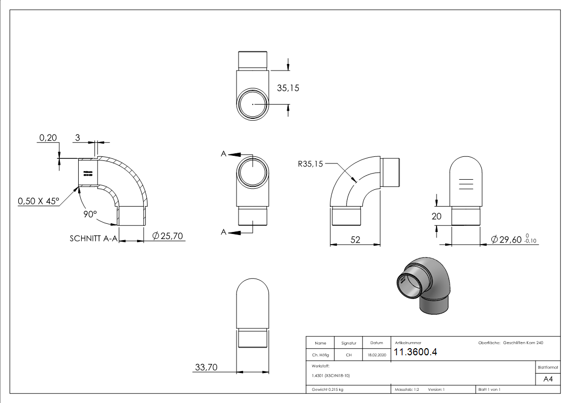 Rohrbogen 90° rund- fuer Rundrohr Ø 33-7x2-0 mm V2A-11-3600.4