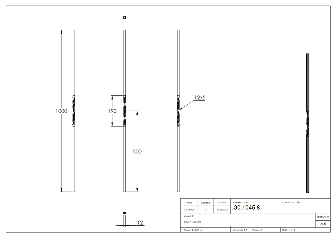 Zwischenstab - Laenge- 900 mm - Material- 12x12 mm - glatt - Stahl S235JR- roh-30-1045.8
