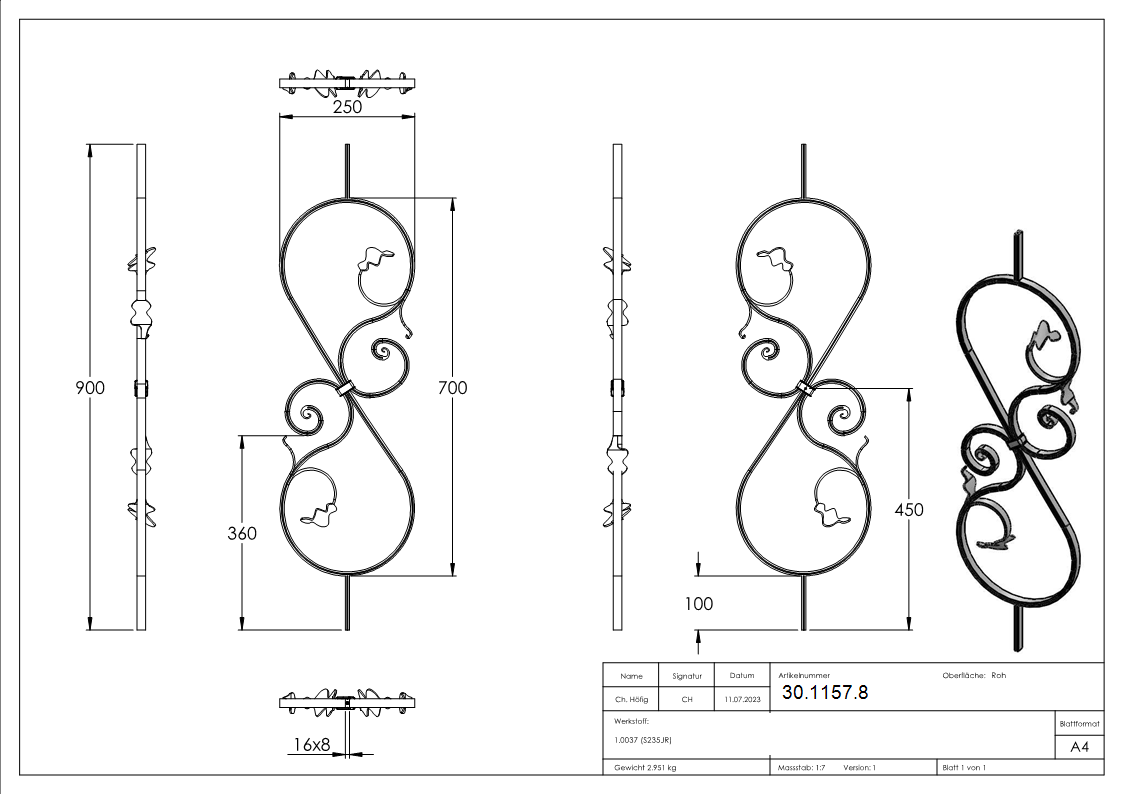 Zierstab | Länge: 900 mm | Material: 16x8 mm gerillt | Stahl S235JR, roh