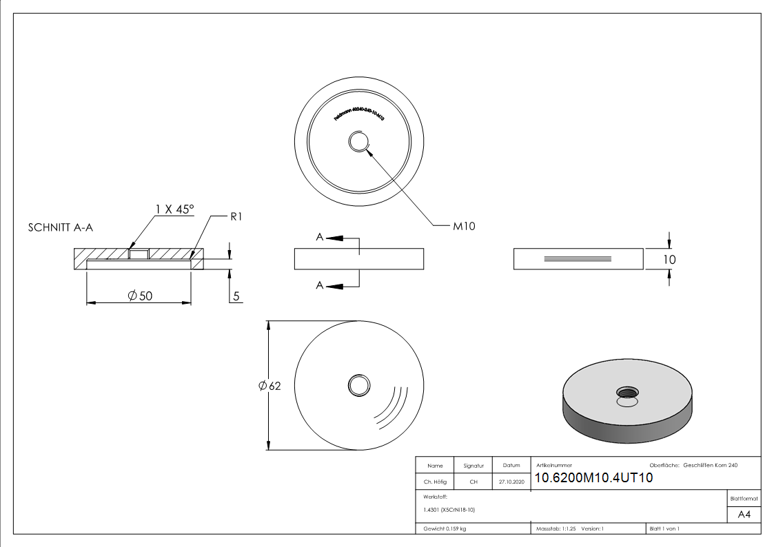 Glas-Punkthalter Ø 62 mm Unterteil mit M10 | Höhe 10 mm | V2A
