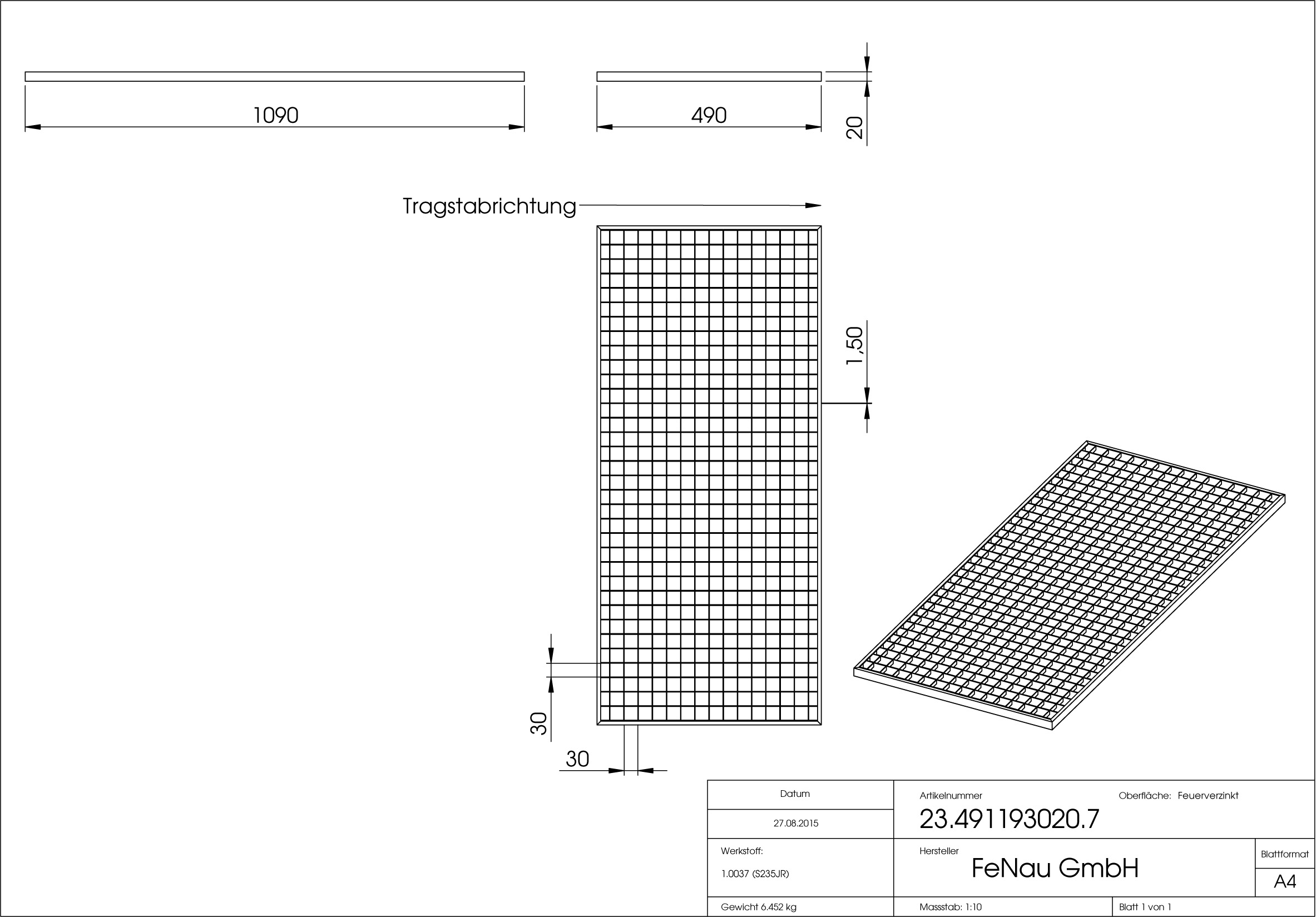 Lichtschachtrost Baunormrost | Maße:  490x1190x20 mm 30/30 mm | aus S235JR (St37-2), im Vollbad feuerverzinkt