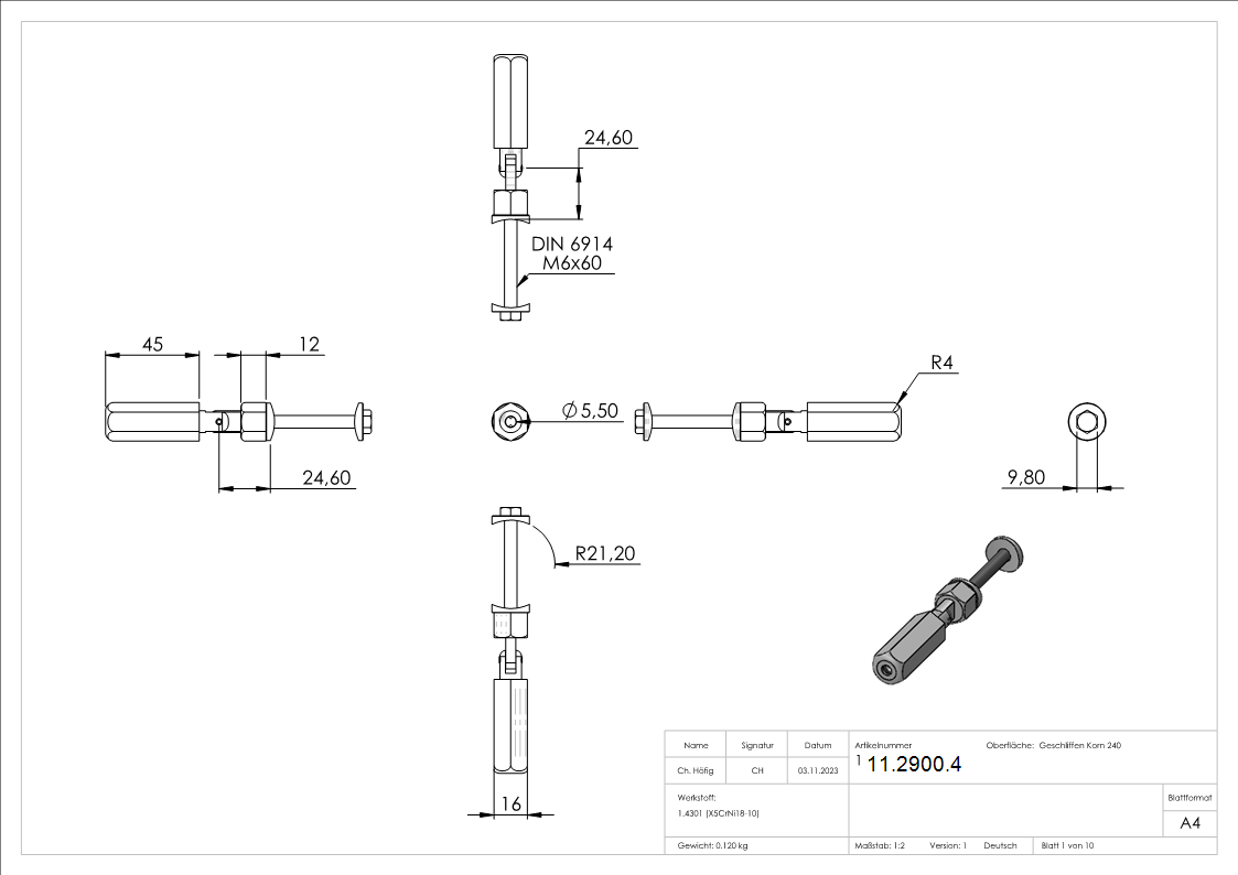 Gewindeterminal mit Gelenk - Fuer Seil Ø 4 mm - zur Selbstmontage fuer Pfosten Ø 42-4 mm - V2A-11-2900.4