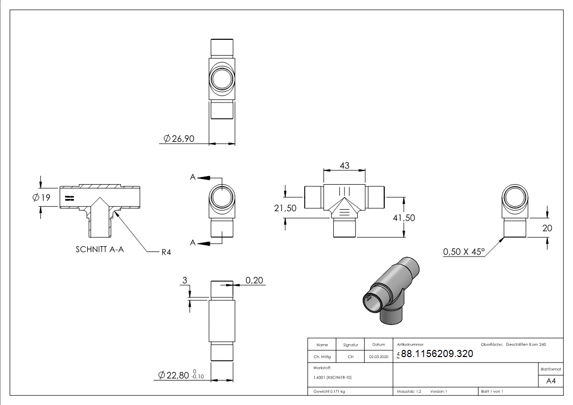 T-Stück egal, für Rohr 26,9 x 2,0mm, V2A