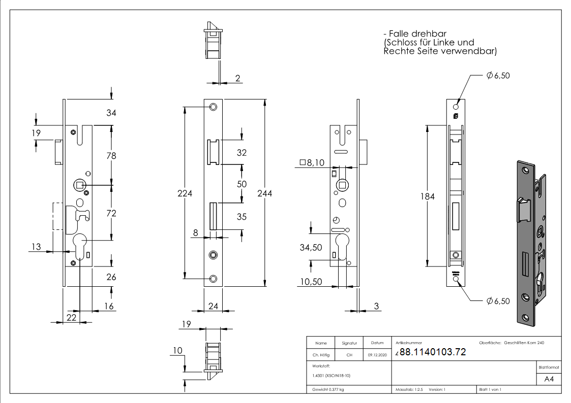 Rohrrahmenschloss verzinkt Edelstahl Abstand 72 mm Dornmass 22 mm-88-1140103.72