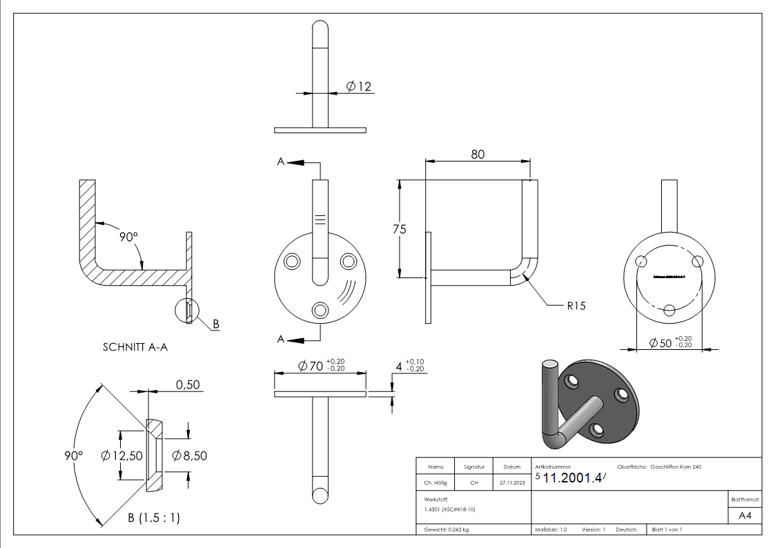 Handlaufhalter oben zum Anschweißen mit Ronde 70x4 mm + 3 gesenkten Bohrungen V2A