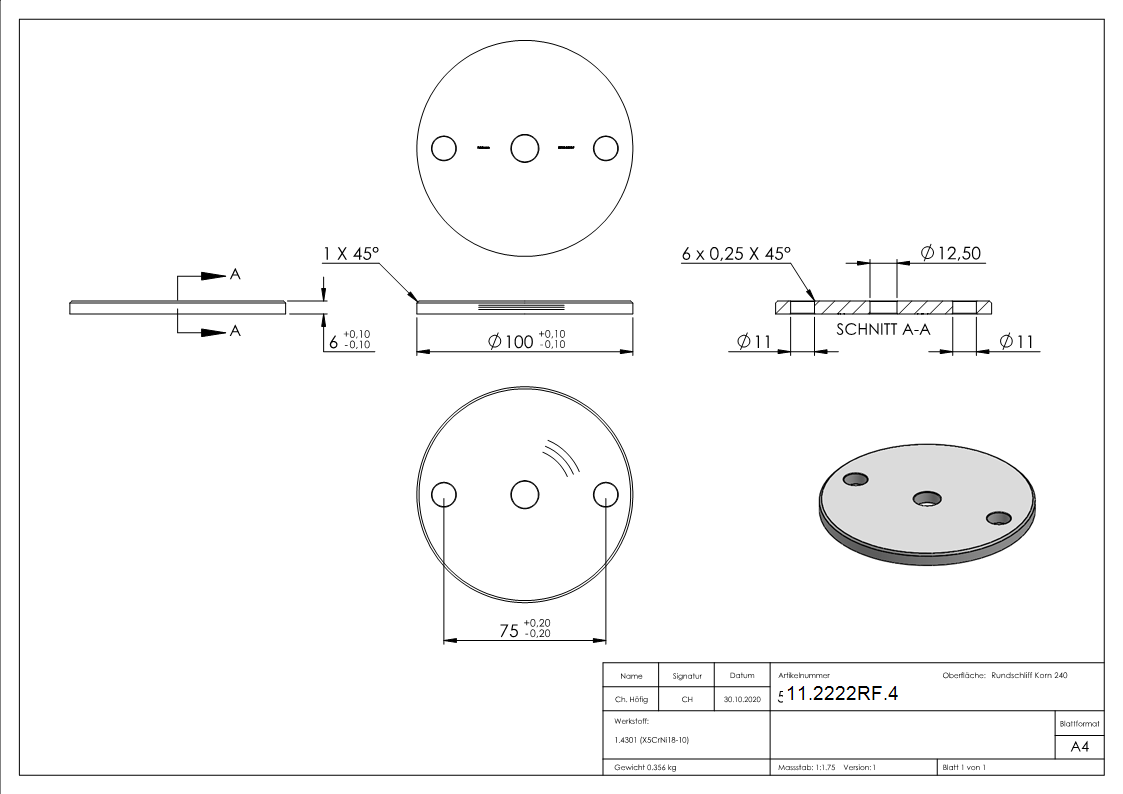 Ankerplatte Ø 100 x 6 mm mit Zentrierbohrung: Ø 12,5 mm V2A