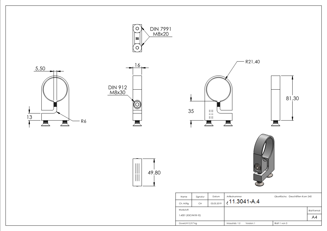 Spannring für Rundrohr 42,4 mm V2A | 35 mm