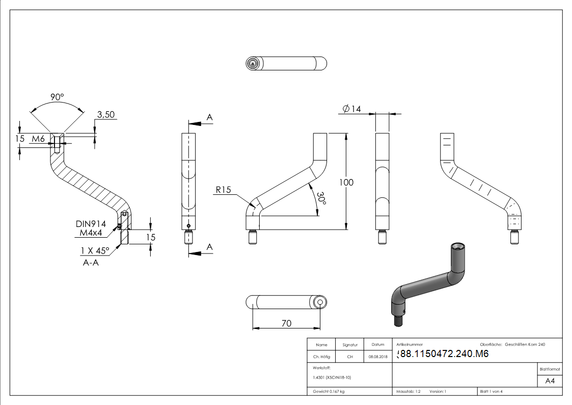Edelstahl Buegel Ø 14 mm - 2x 30° gebogen- Verstellbar - M8 Aussen- - M6 Innengewinde -V2A-88-1150472-240.M6