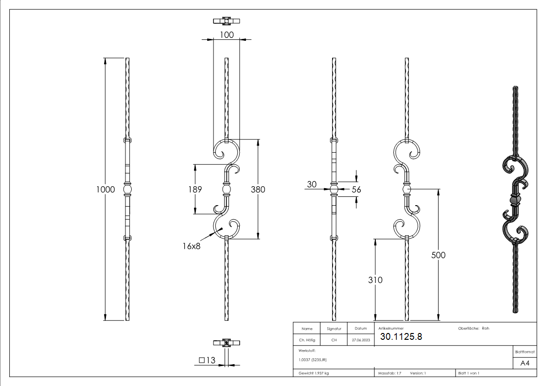 Zierstab | Länge: 900 mm | Material: 13x13 mm gehämmert | Stahl S235JR, roh