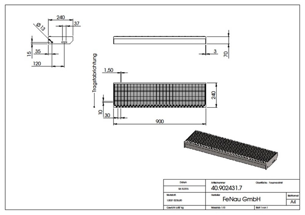 Gitterroststufe Treppenstufe | Maße: 900x240 mm 30/10 mm | S235JR (St37-2), im Vollbad feuerverzinkt