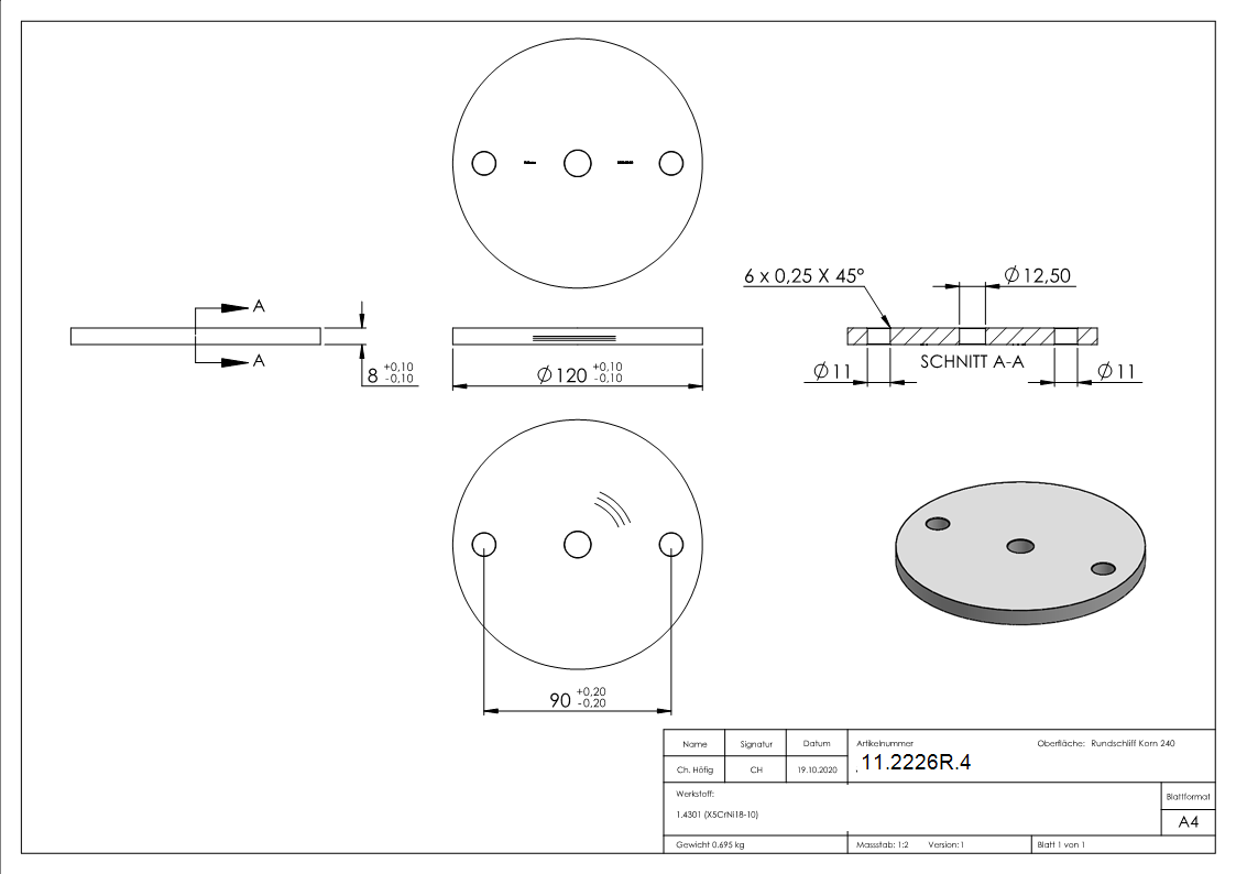 Ankerplatte Ø 120 x 8 mm mit Zentrierbohrung- Ø 12-5 mm V2A-11-2226R.4