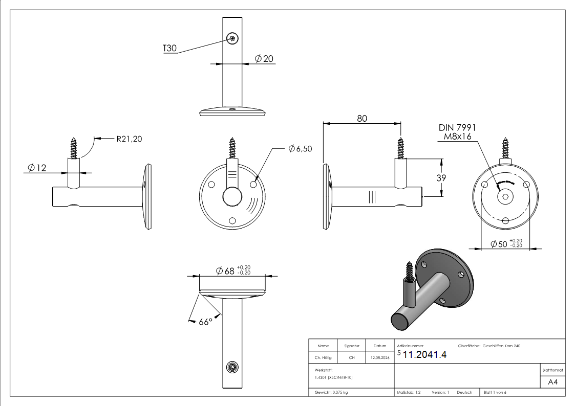 Handlaufhalter V2A Ronde 70x5mm Buegel 20mm Wandabstand 84mm zum Anschrauben Holzschraube-11-2041.4