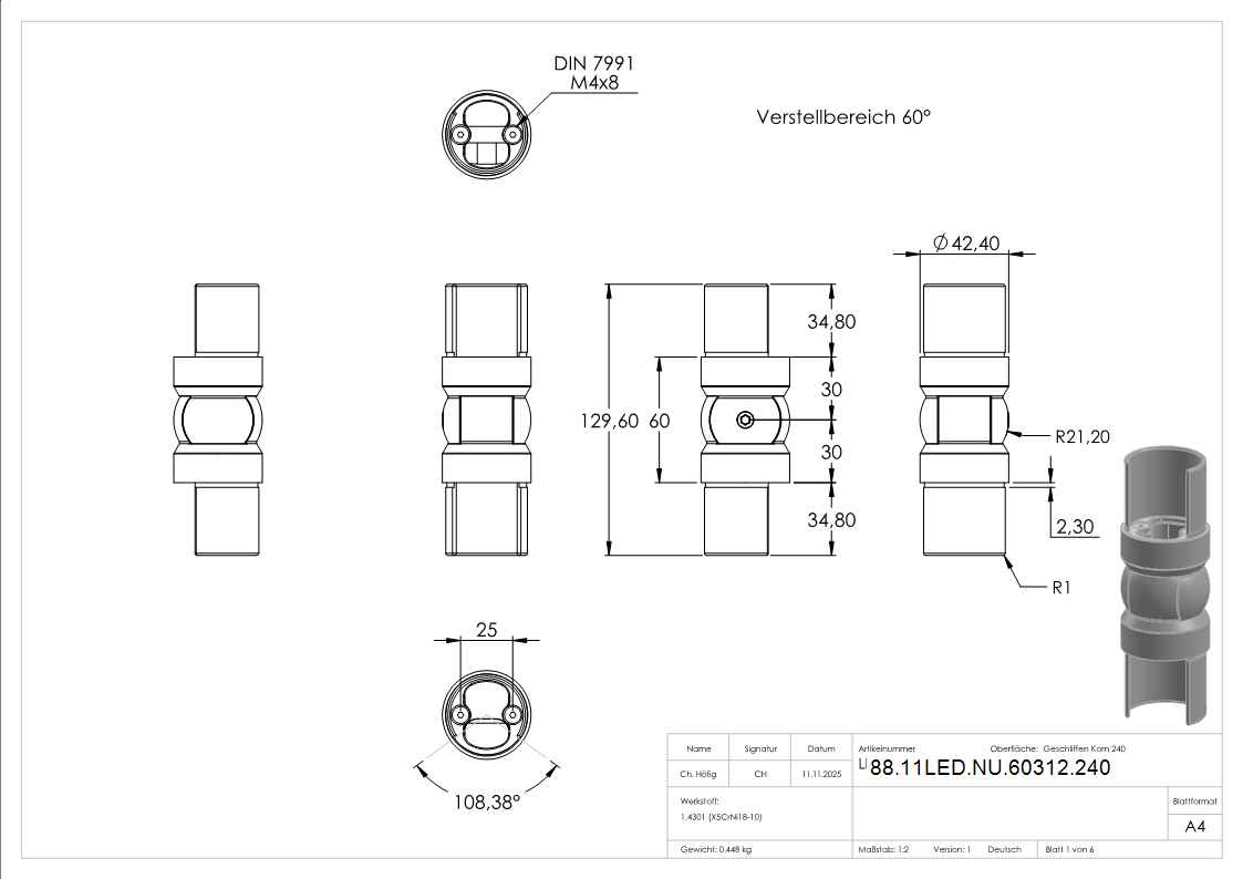 Gelenkverbinder V2A fuer Ø 42-4 mm Rohr 120-180°-88-11LED-NU-60312.240