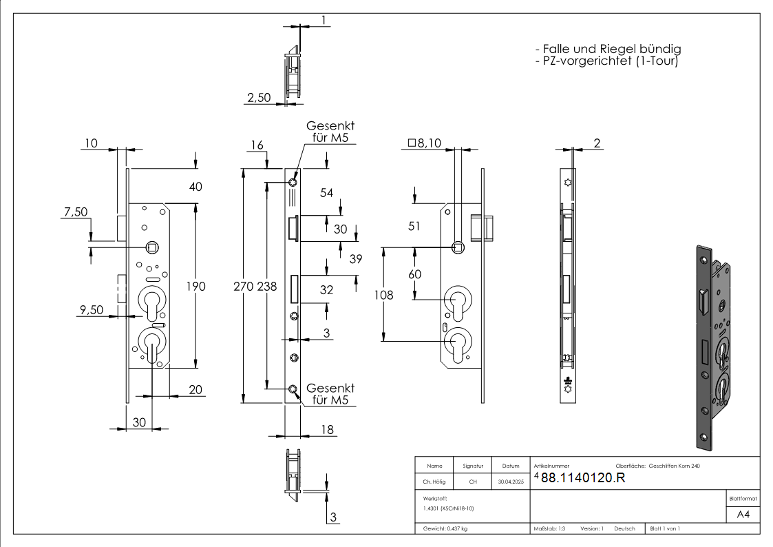 Einsteck-Spezialschloss mit Doppelzylinder- DIN rechts-88-1140120.R