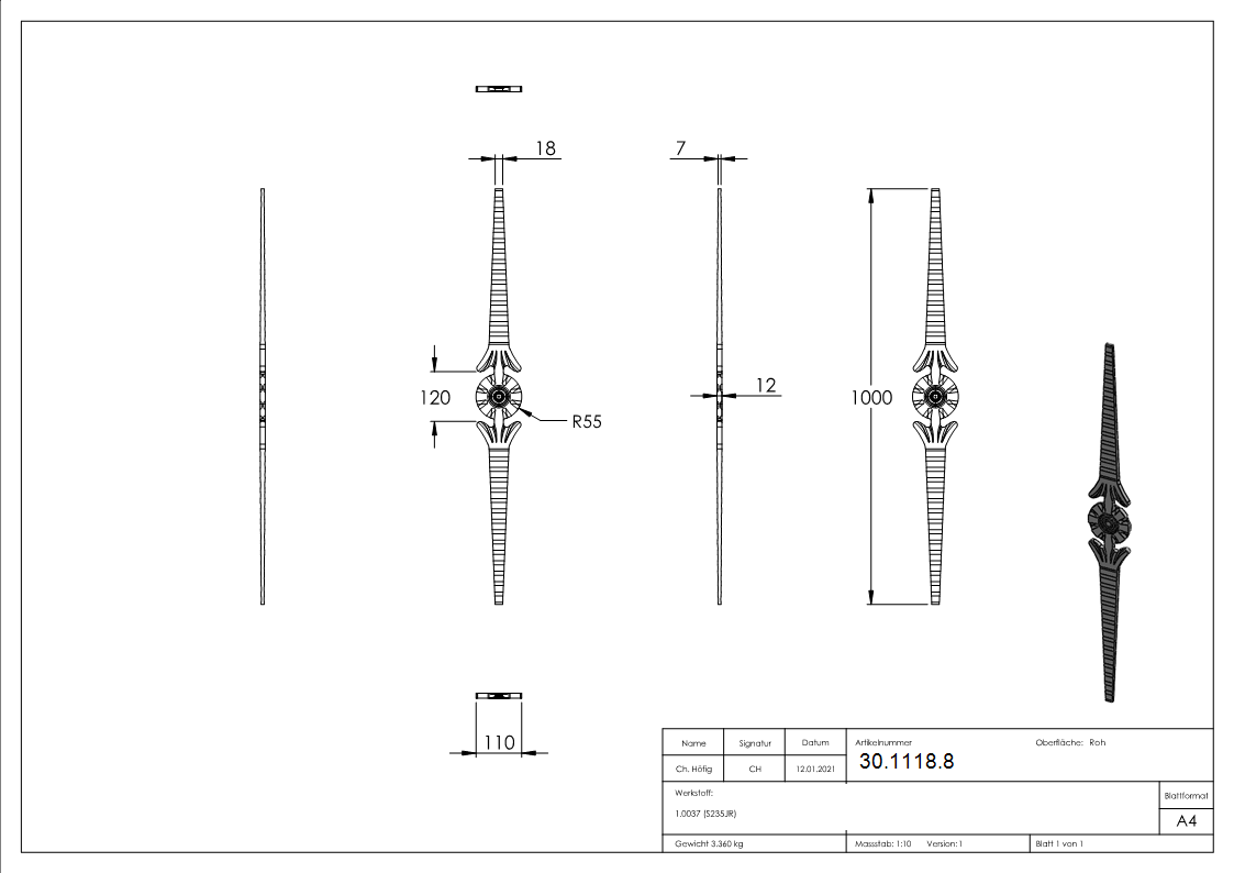 Zierstab | Länge: 900 mm | Material: 15x10 mm gehämmert | Stahl S235JR, roh