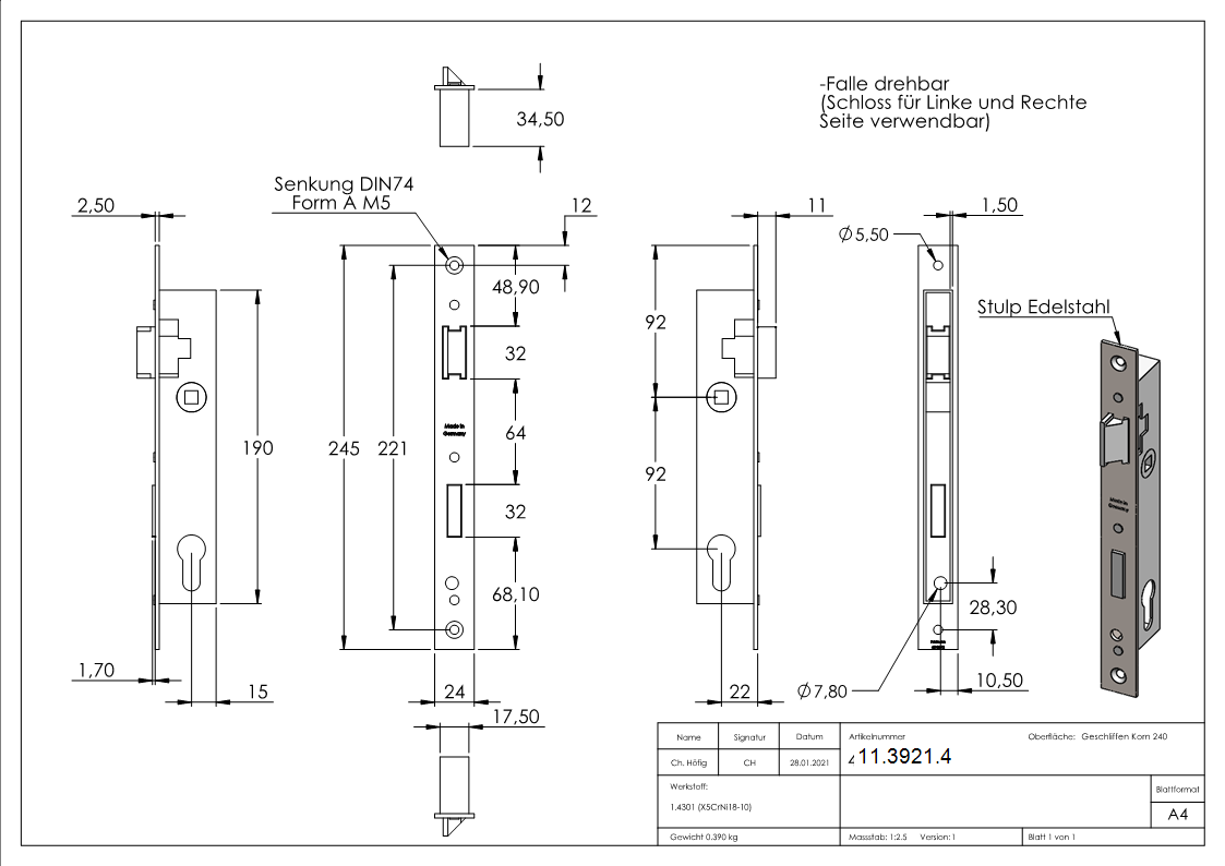 Rohrrahmenschloss verzinkt- Abstand 92 mm- Dornmass 22 mm- Stulpe Edelstahl-11-3921.4