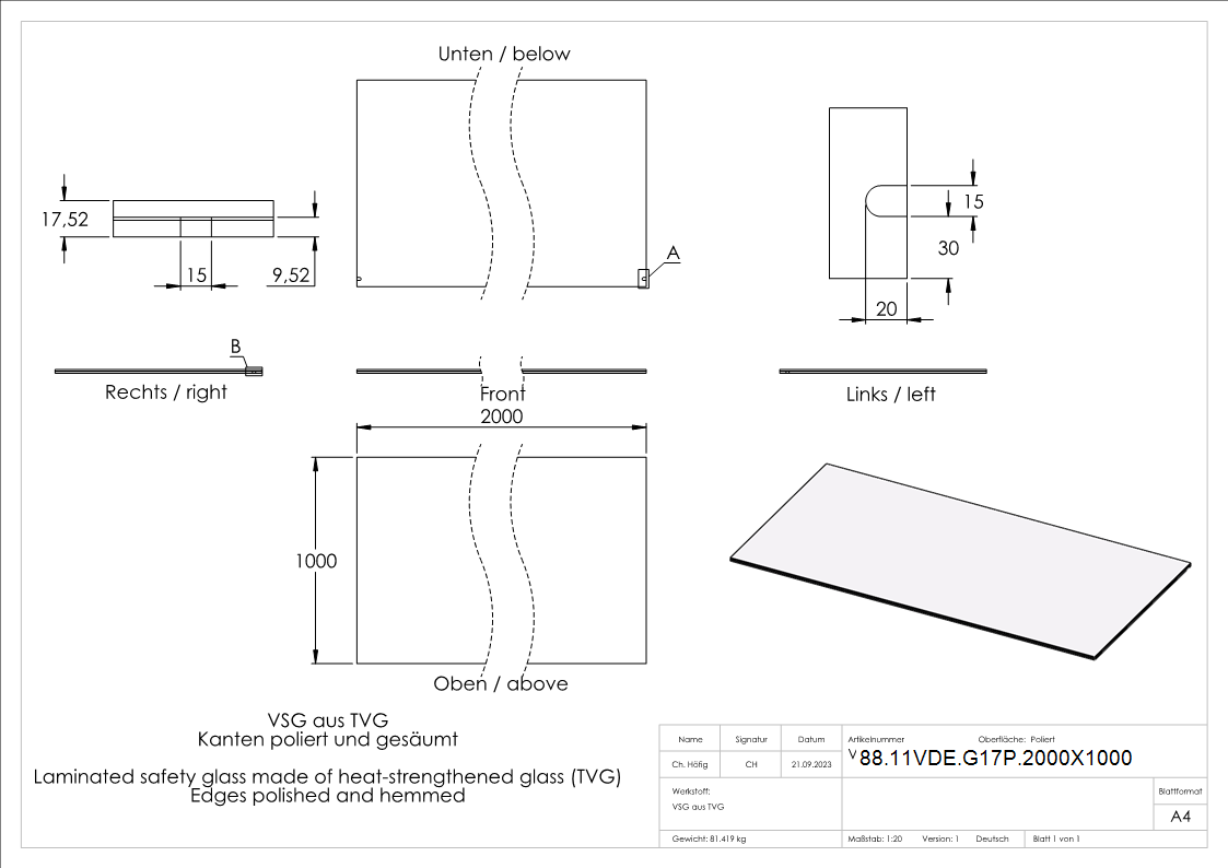 Vordachglas VSG aus 2x8 mm TVG 2000 x 1000 mm mit 1-52 mm PVB-88-11VDE-G17P.2000X1000