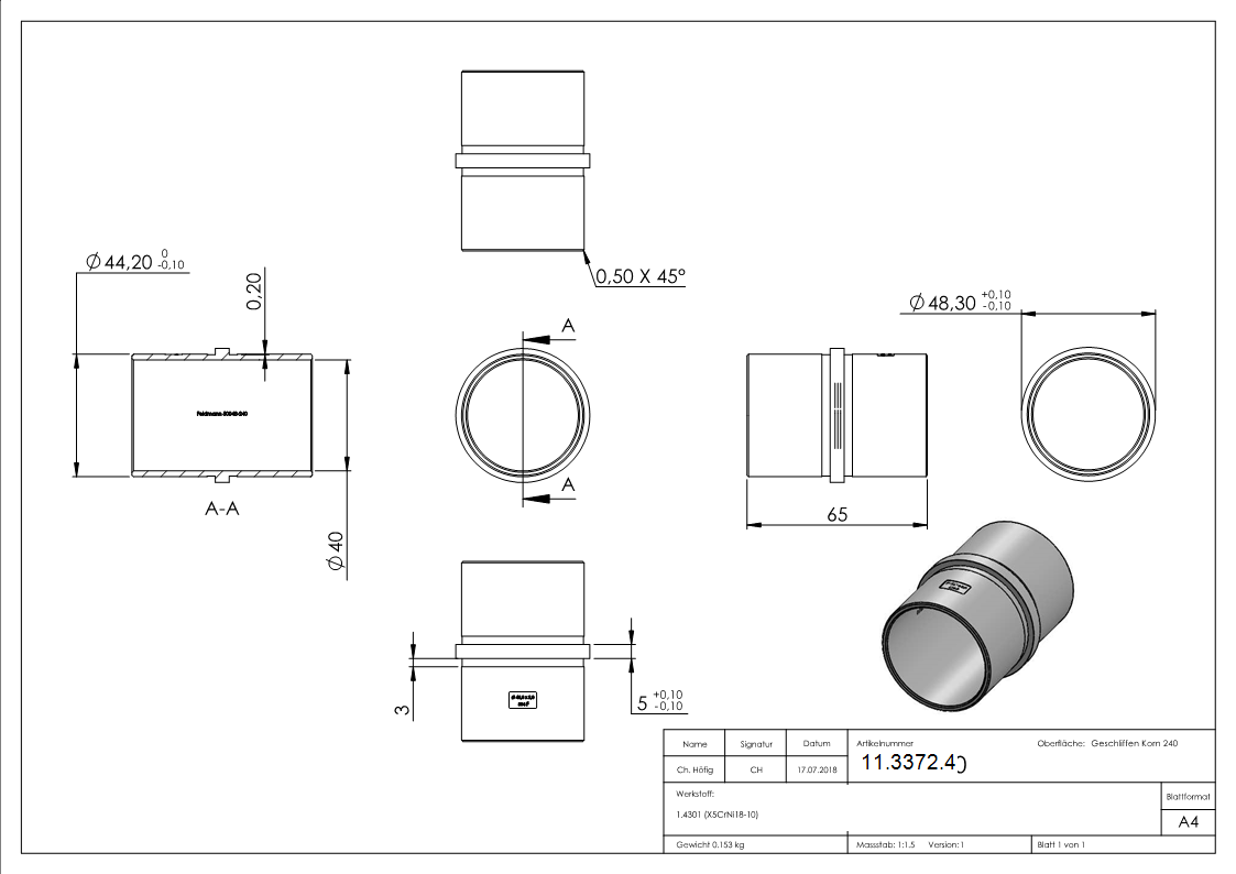 Rohrverbinder V2A fuer Rohr 48-3 x 2-0 mm- L 65 mm mit Mittelsteg-11-3372.4