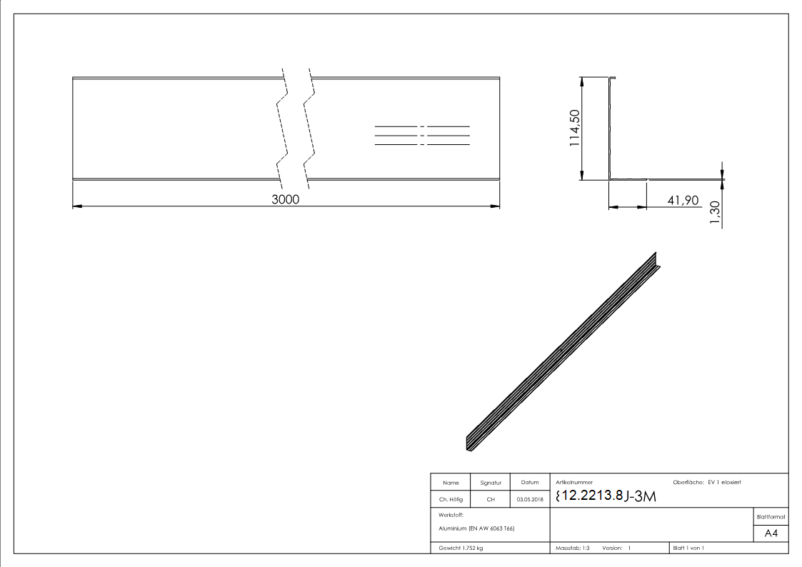 Abdeckung fuer Ganzglasgelaender - KOMPAKT - Laenge- 3000 mm - seitliche Montage - Aluminium-12-2213.8