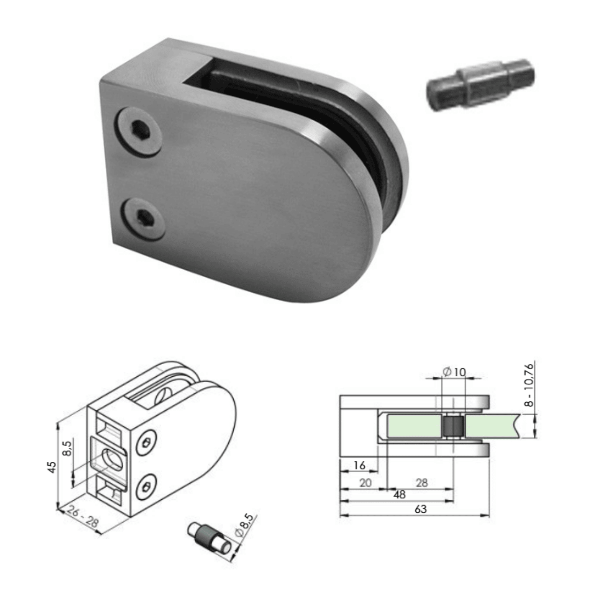 Glasklemme V4A fuer 8-10-76 mm Glas Flachanschluss geschliffen 4er Set-89-11A142200000SET4-A.4
