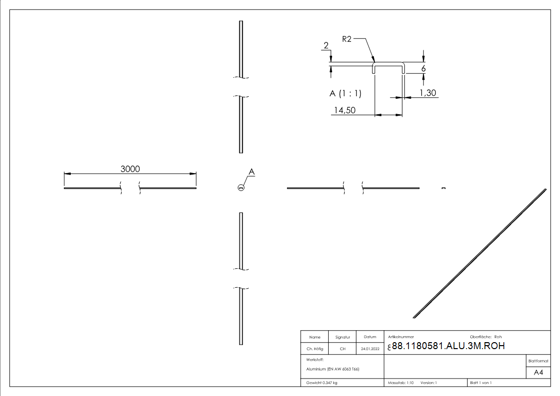 Kantenschutz EXTRA SLIM- fuer Glas 12-00 - 13-52mm- L=3m- Aluminium roh-88-1180581-ALU-3M.ROH