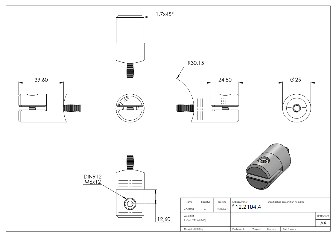 Blechhalter - Plattenhalter Ø 25 mm Edelstahl V2A – Anschluss 60-3 mm inkl- Schrauben - Gummieinlage-12-2104.4