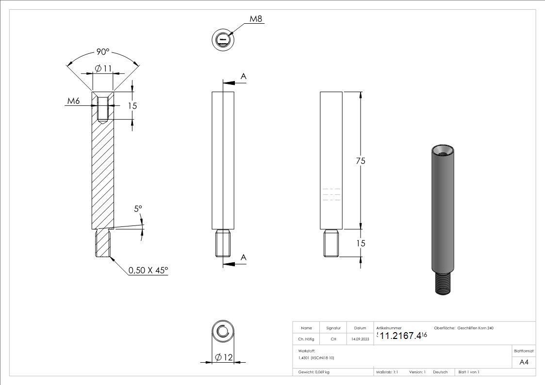 Stift | Maße: 75x12 mm | mit Außen - und Innengewinde | V2A