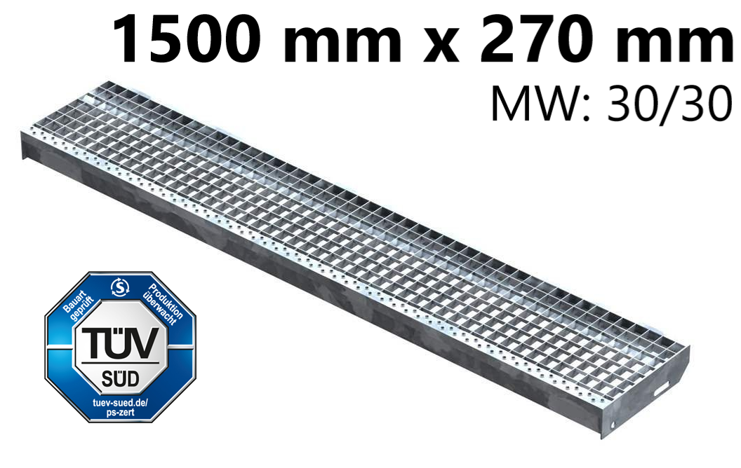 Gitterroststufe Treppenstufe Masse- 1500x270 mm 30-30 mm S235JR -St37-2- im Vollbad feuerverzinkt-40-1502730.7