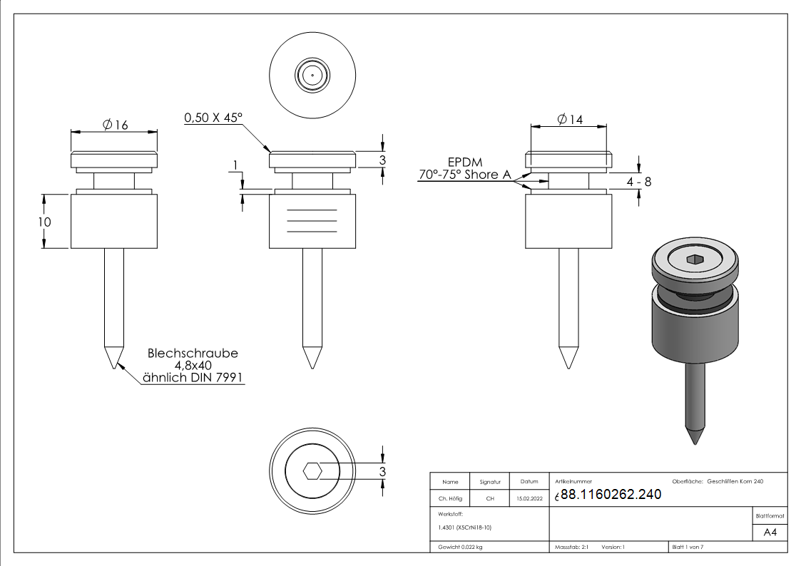 Glaspunkthalter Edelstahl V2A Ø 16 mm- Klemmbereich 4-0–8-0 mm- Anschluss flach- geschliffen-88-1160262.240