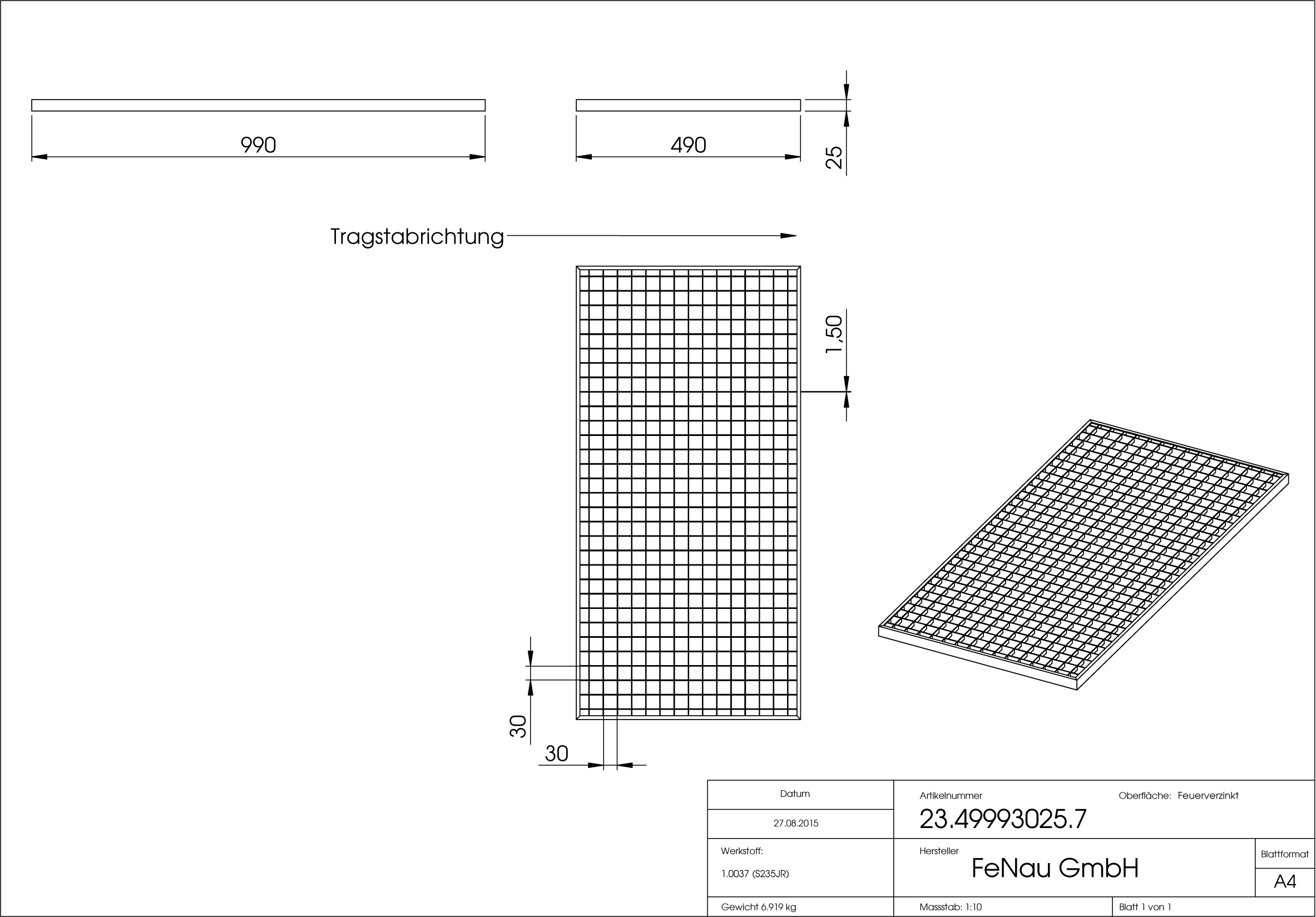 Lichtschachtrost Baunormrost | Maße:  490x990x25 mm 30/30 mm | aus S235JR (St37-2), im Vollbad feuerverzinkt