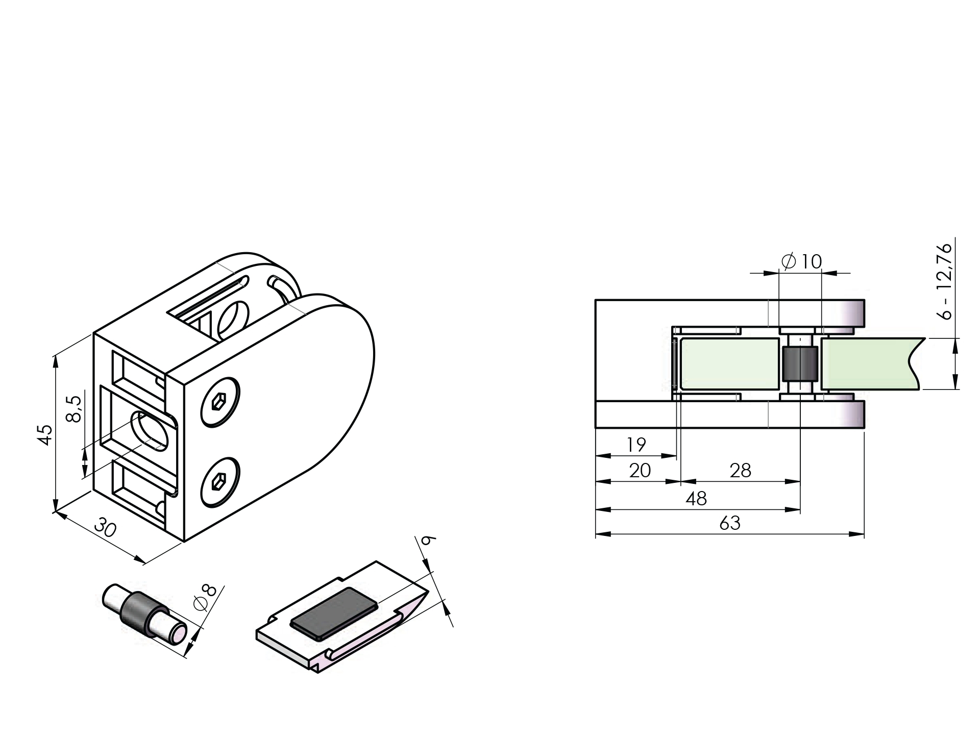 Glasklemme Edelstahl AISI 304 geschliffen fuer Flachanschluss- Glas 6-12-76 mm-18-2500-A-P.4