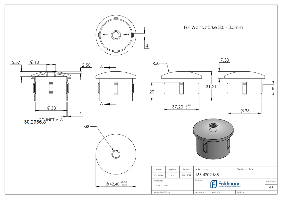 Stahlstopfen | mit M8 | leicht gewölbt | für Rohr Ø 42,4 x 3,0-3,5 mm | Stahl (Roh) S235JR