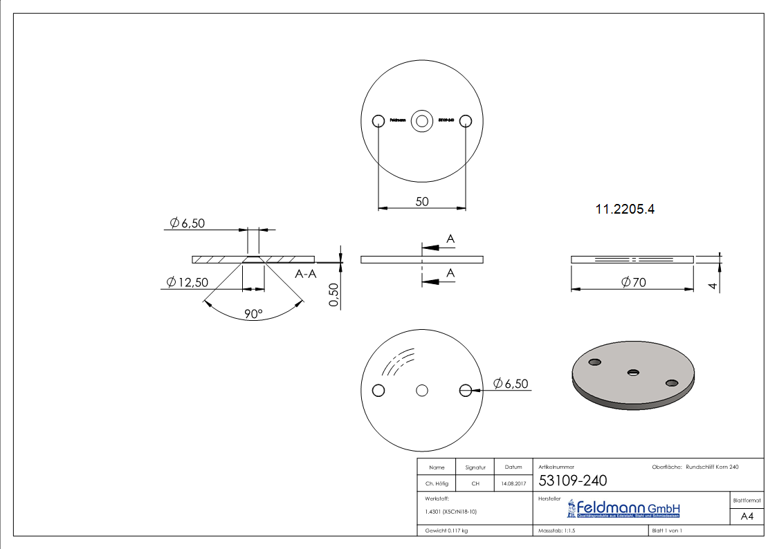 Ankerplatte Ø 70 x 4 mm mit Zentrierbohrung: Ø 6,5 mm, gesenkt V2A