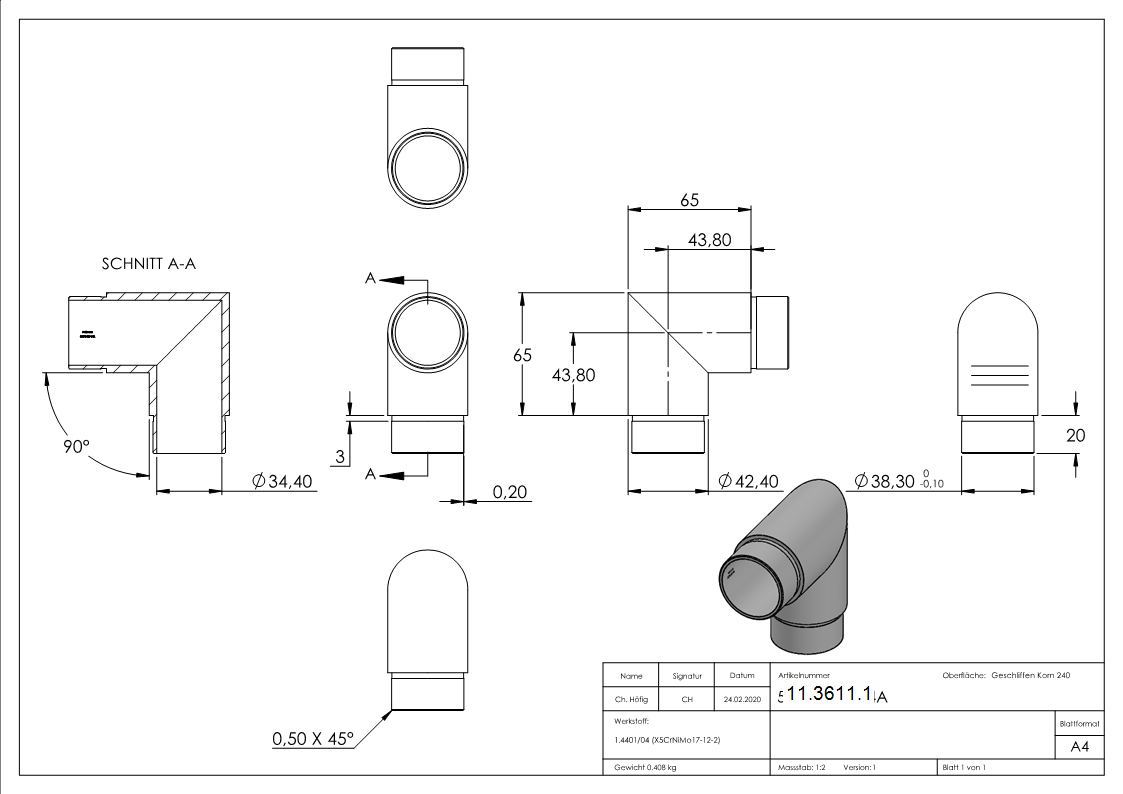 Steck-Eckbogen V4A fuer Rohr Ø 42-4 x 2-0 mm 90°-11-3611.1