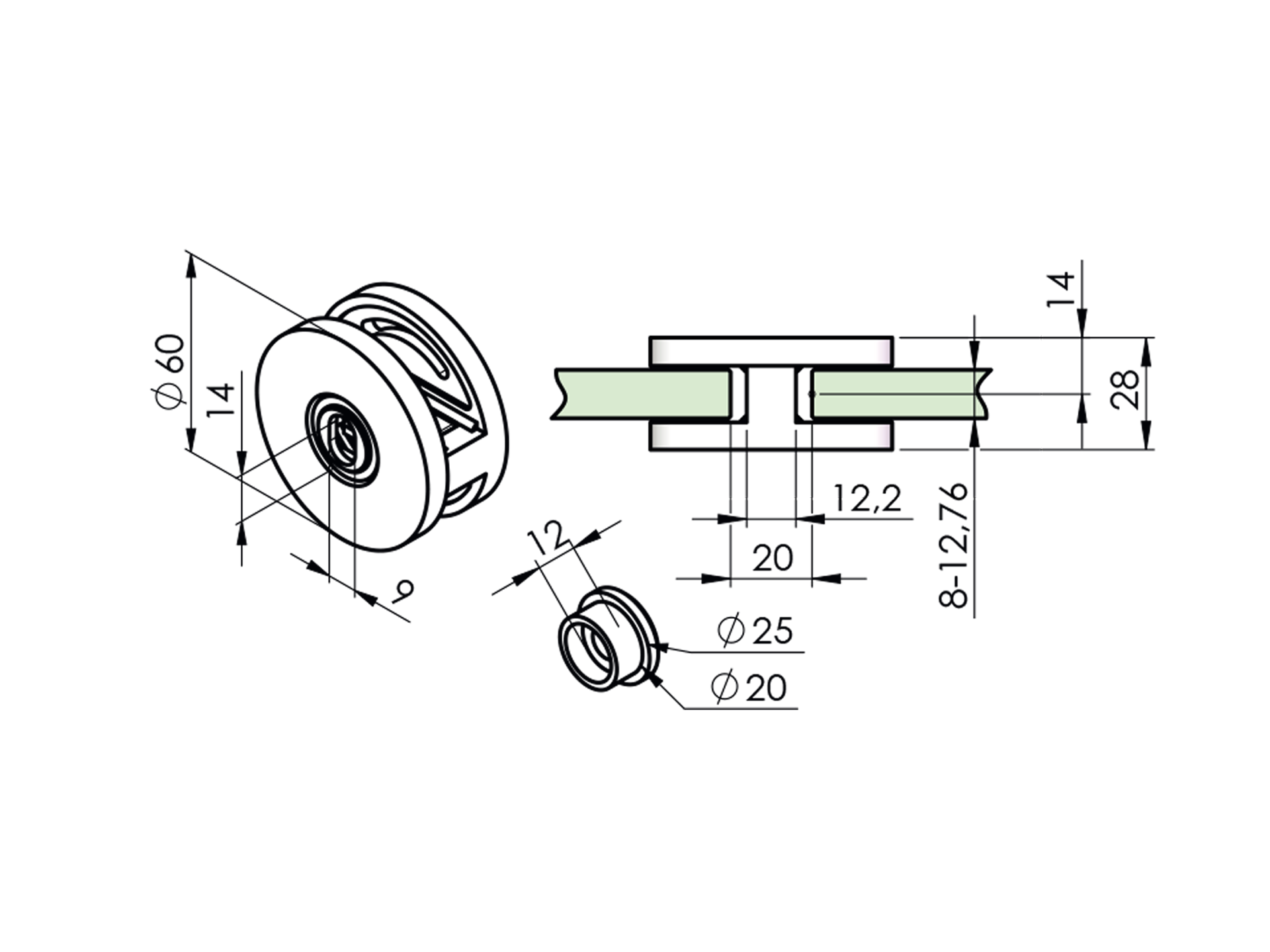 Glasklemme Edelstahl AISI 304 fuer Glas 8-12-76 mm Pfosten flat Schliff-89-11A4100700-A.4