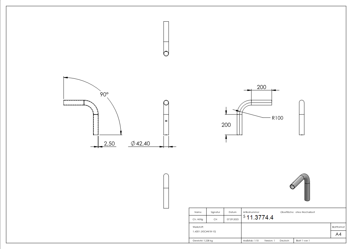 Bogen 90° zum Schweissen aus Rundrohr- Ø 42-4x2-6 mm V2A-11-3774.4