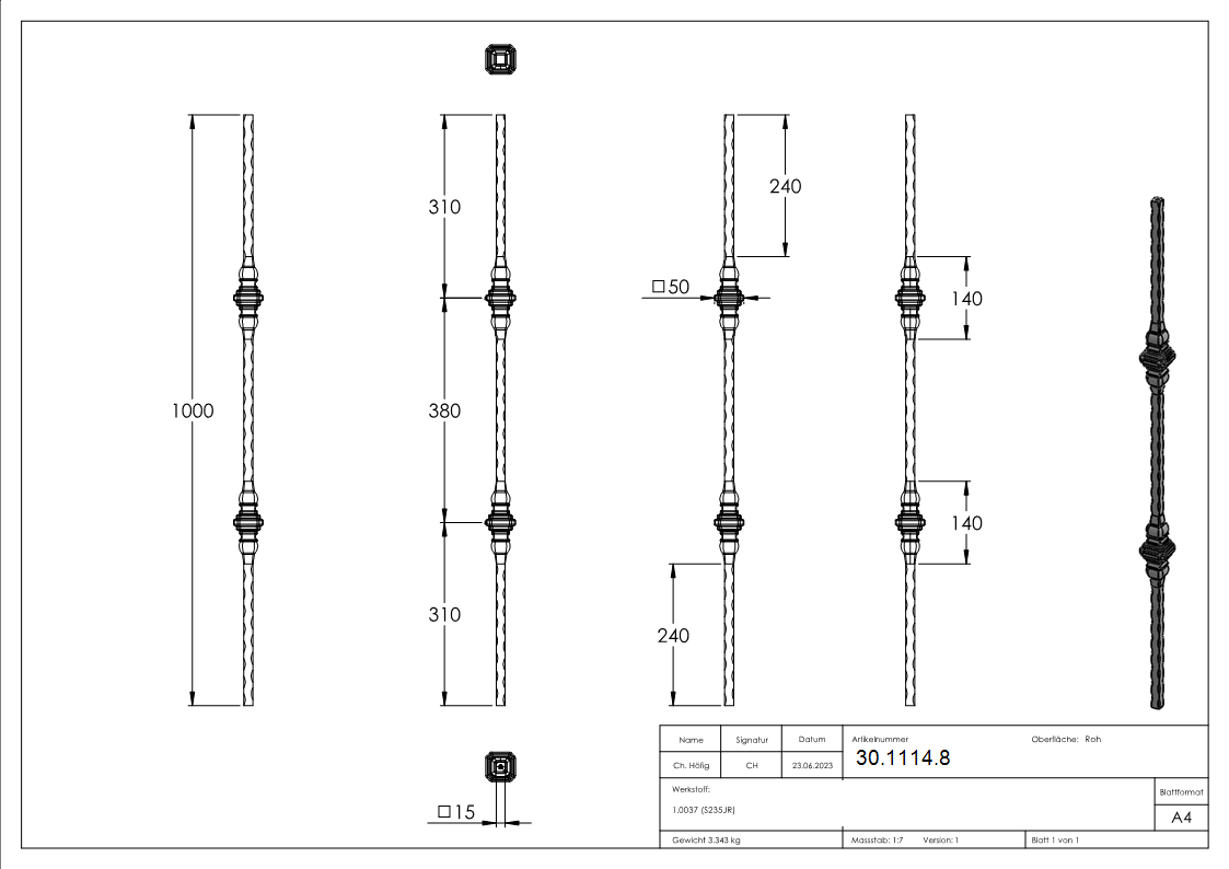 Zierstab | Länge: 900 mm | Material: 15x15 mm gehämmert | Stahl S235JR, roh