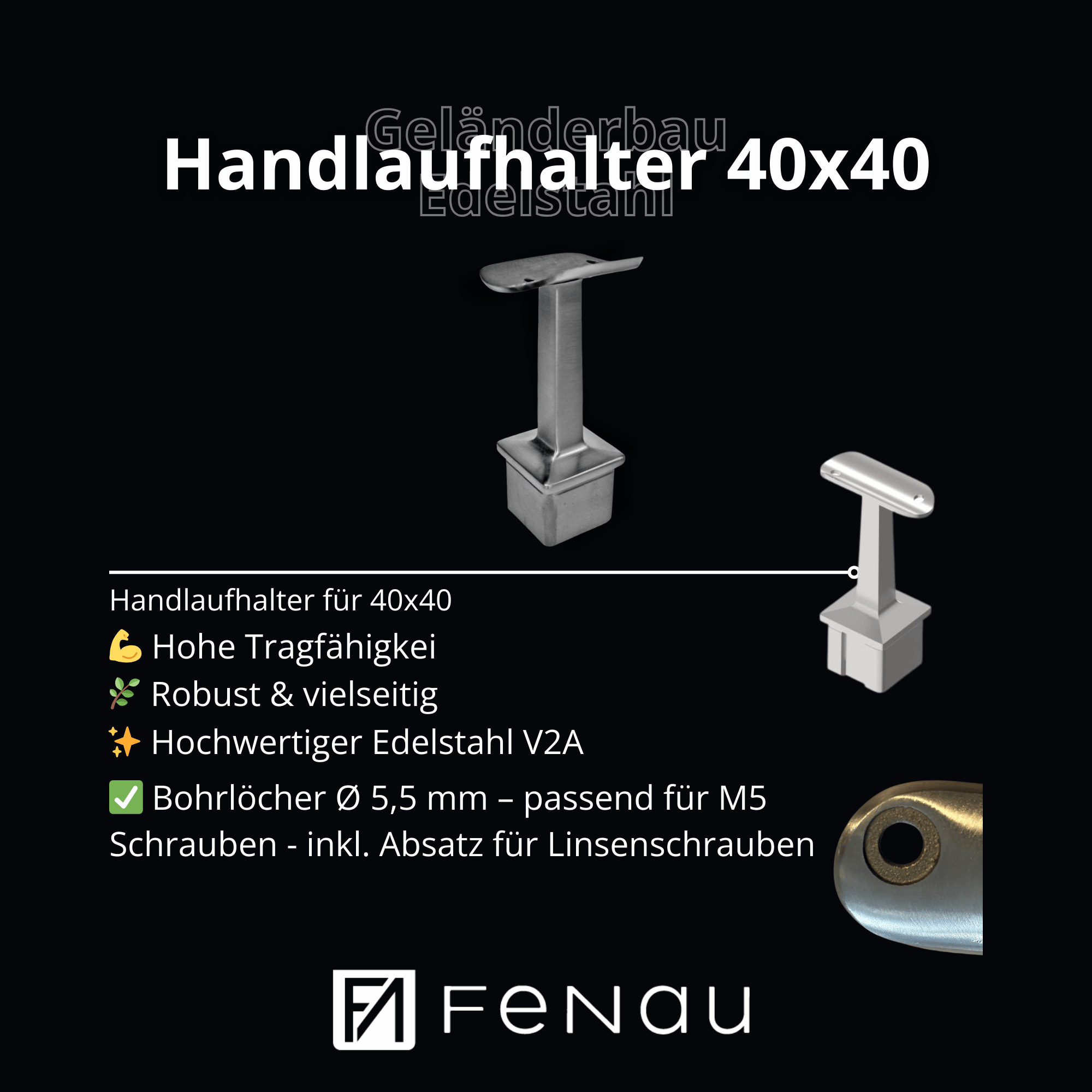 Handlaufhalter Edelstahl V2A fuer Vierkantpfosten 40x40x2 mm – fuer Rundrohr Handlauf Ø 42-4 mm-11-2710-A.4