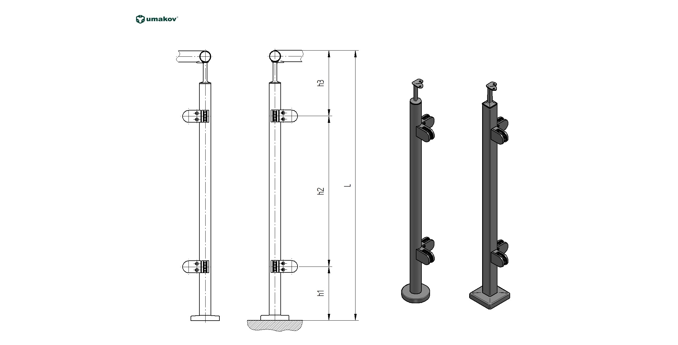 Gelaenderpfosten Edelstahl AISI 304 1000 mm flach Oberverankerung gerade Glasfuehrung-89-11AJPVR1004G90-A.4