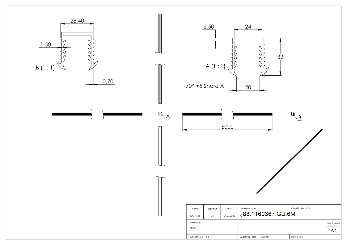 Keildichtung EPDM fuer Glas 20-76–21-52 mm- Nut 27x30 mm- L = 6000 mm-88-1160367-GU.6M