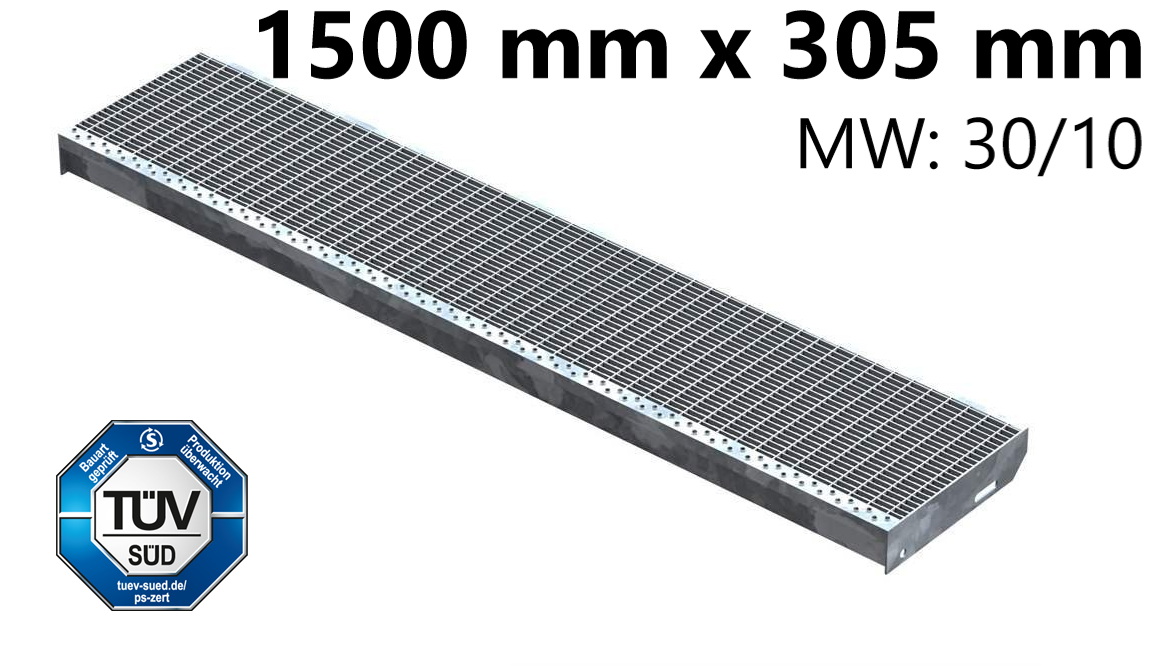 Gitterroststufe Treppenstufe Maße: 1500x305 mm 30/10 mm S235JR (St37-2), im Vollbad feuerverzinkt