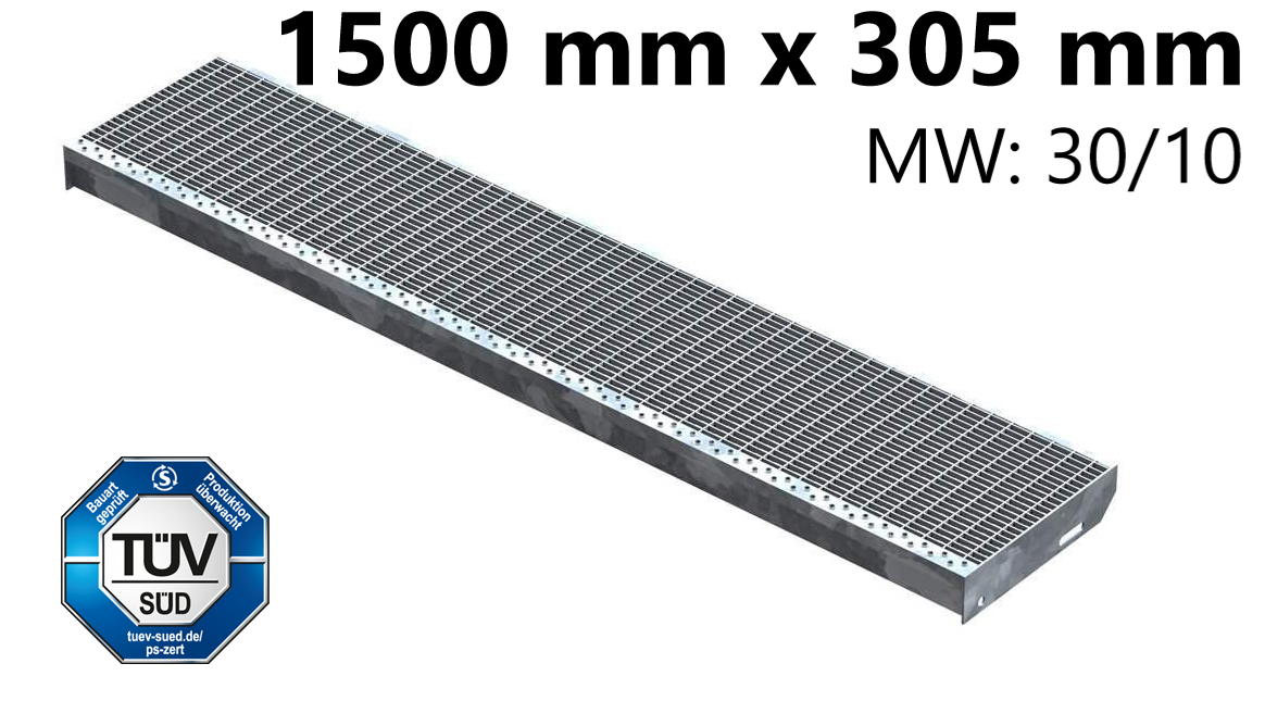 Gitterroststufe Treppenstufe | Maße: 1500x305 mm 30/10 mm | S235JR (St37-2), im Vollbad feuerverzinkt