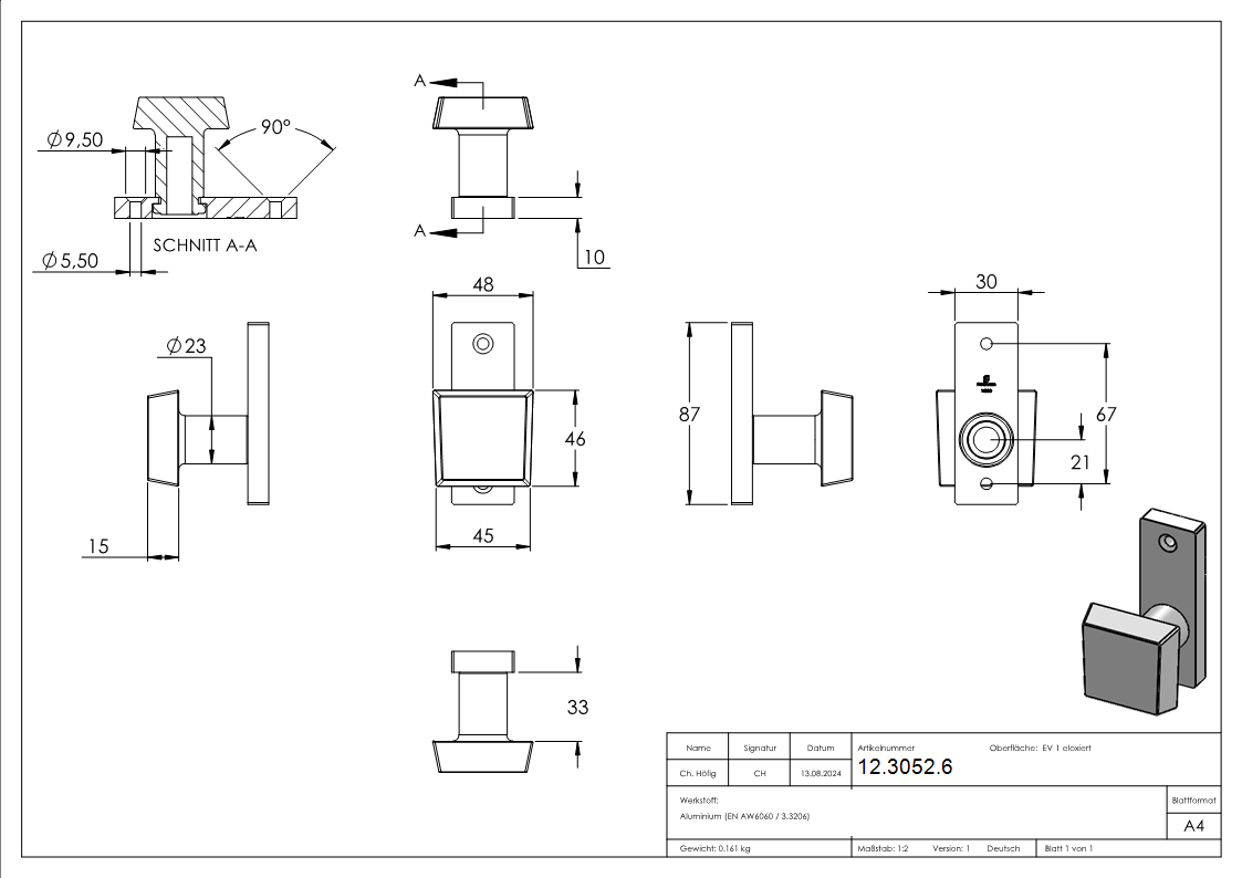 Alu-Tuerdruecker - quadratisch - fuer Schlosskaesten - Aluminium EV1-12-3052.6