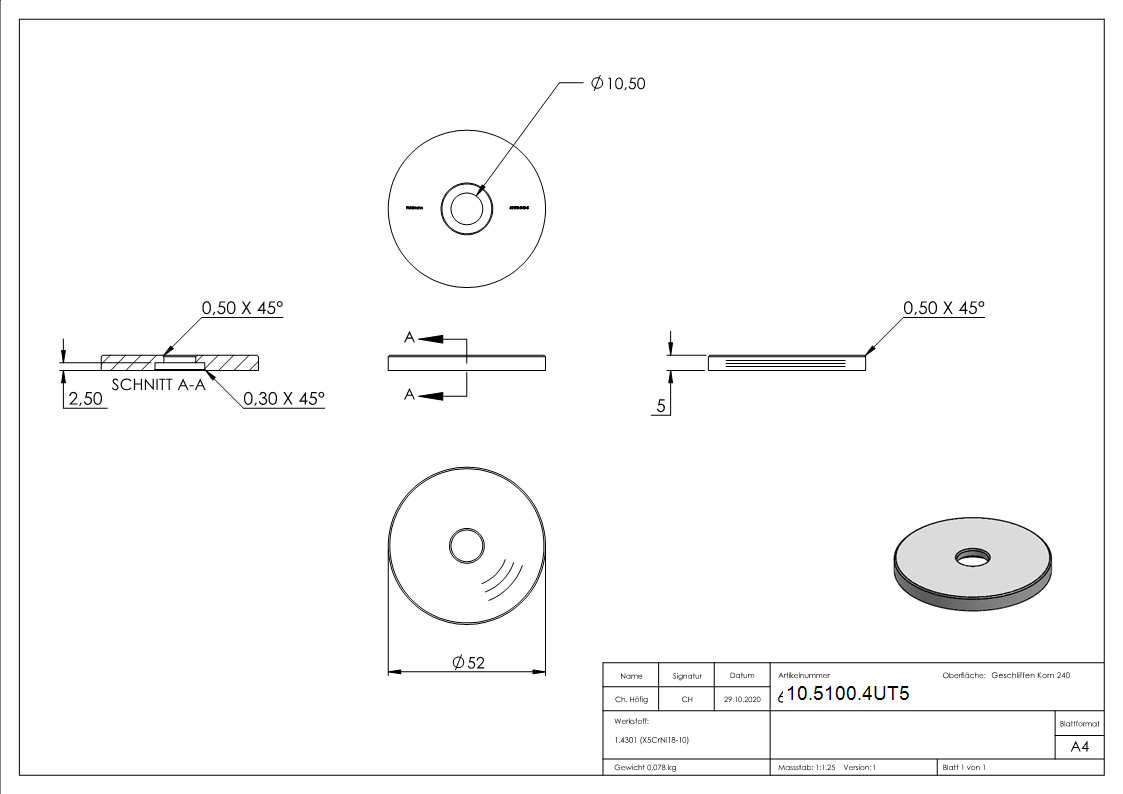 Glaspunkthalter-Unterteil Ø 52 mm- V2A- Hoehe- 5 mm-10-5100.4UT5